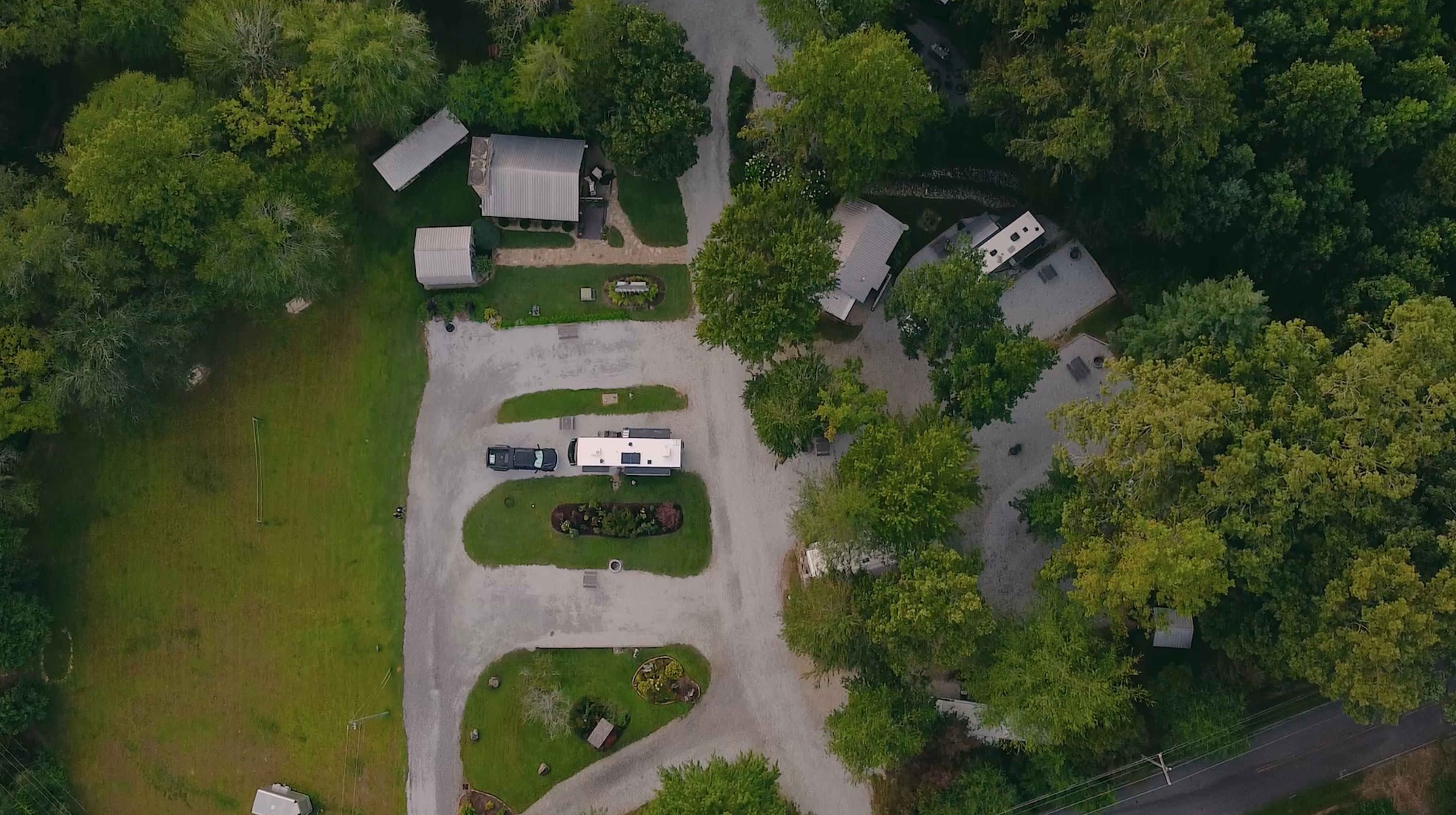 Aerial view showcasing Franklin RV Park's layout and natural setting